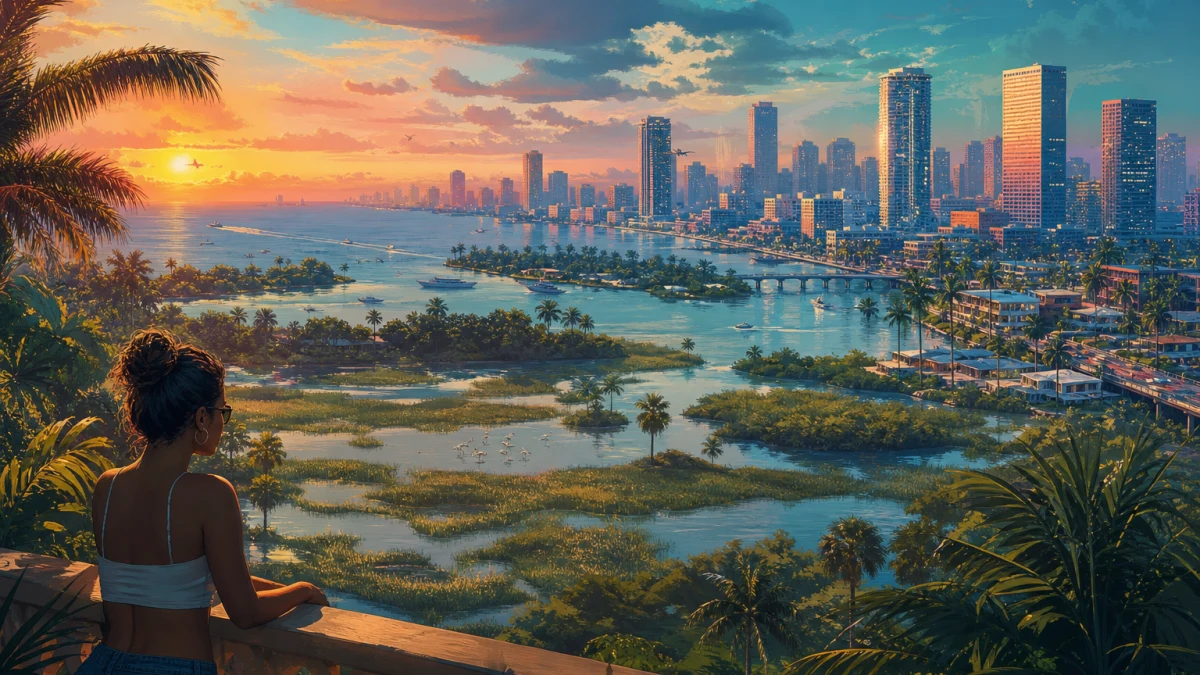 Original editorial illustration for The Leonida Keys in GTA VI: What Rockstar Has Confirmed About the Island Setting