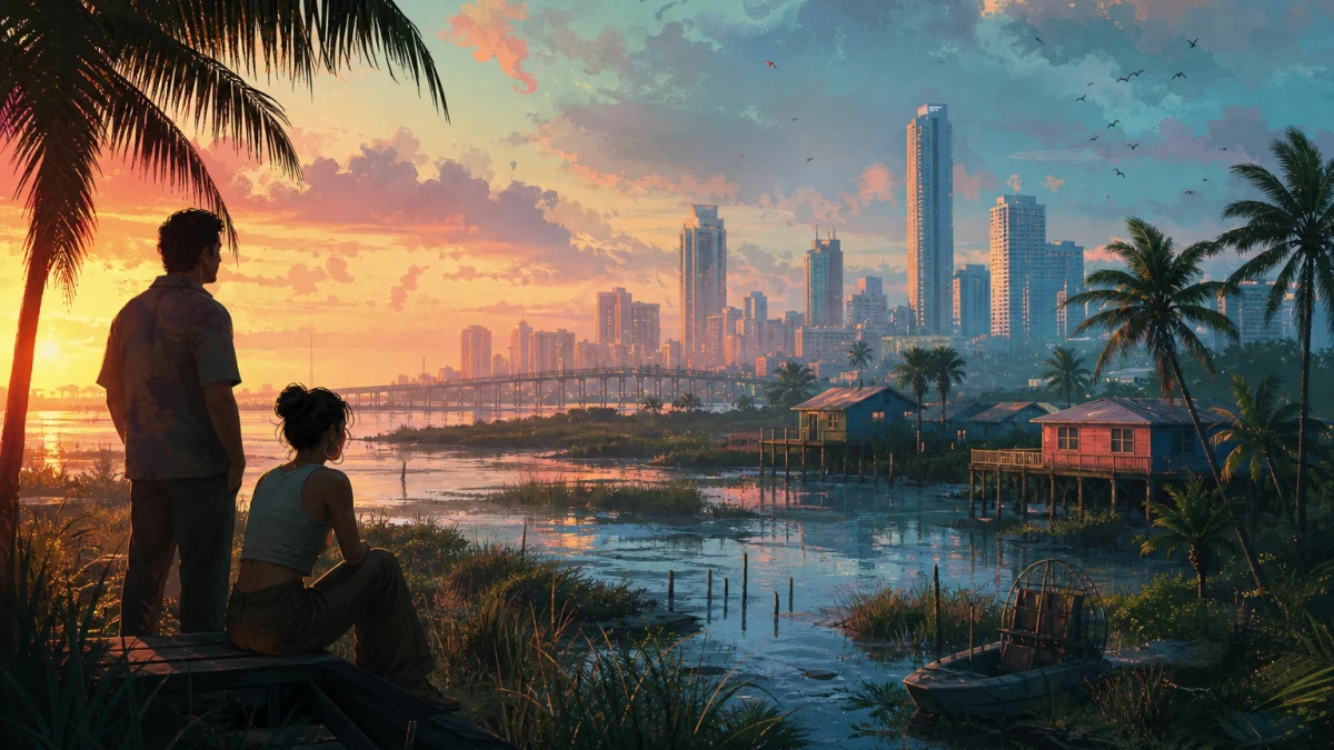 Original editorial illustration for Port Gellhorn in GTA VI: What We Know About Leonida’s Forgotten Coast