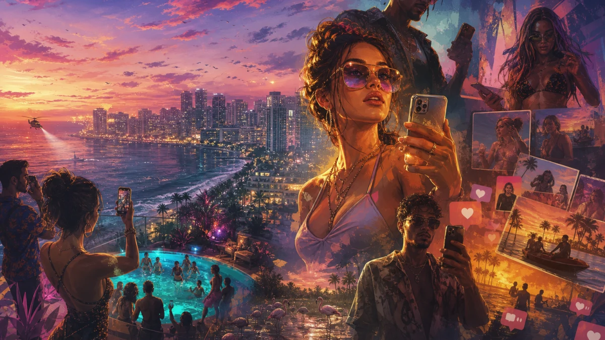 Original editorial illustration for GTA VI’s Social-Media Satire Is Already Visible in the Trailers — But the App Is Still a Mystery