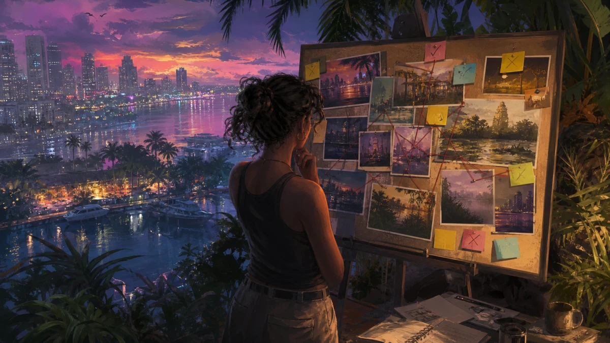 Original editorial illustration for GTA VI Gameplay Systems: What Rockstar Has Shown and What Remains Unconfirmed