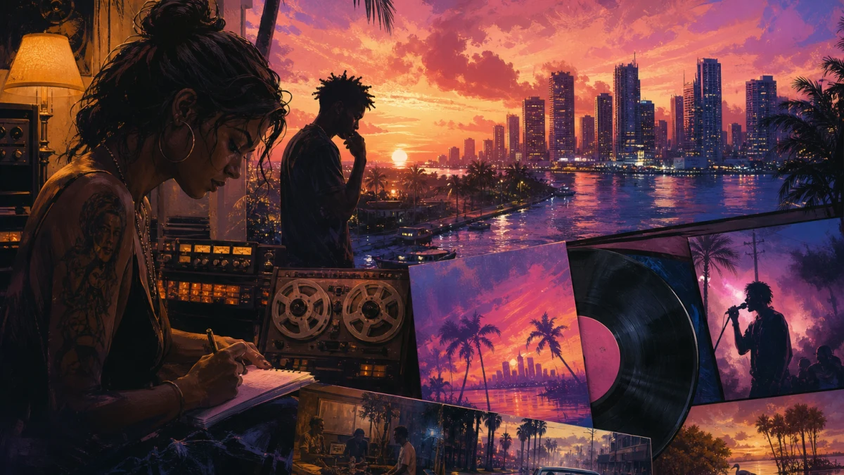 Original editorial illustration for GTA VI Music Has Two Separate Stories: The Album, Only Raw Records and the Radio Questions Rockstar Still Hasn’t Answered