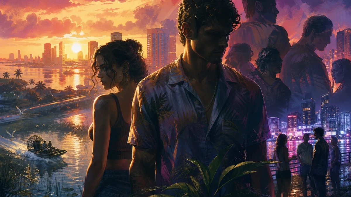 Original editorial illustration for GTA VI Story Themes: Trust, Crime and Survival in Leonida