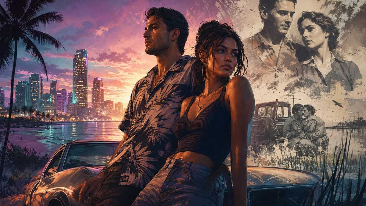Original editorial illustration for GTA VI’s Jason and Lucia Are Bonnie-and-Clyde-Inspired — But a Retelling Is Unconfirmed