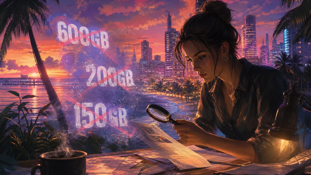 Original editorial illustration for GTA VI Download Size Rumors: 150GB, 200GB and 600GB Claims Are Still Unconfirmed