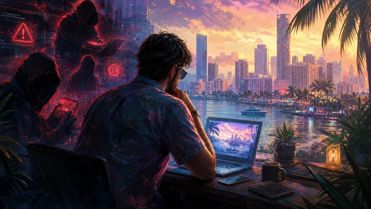 Original editorial illustration for GTA VI Beta Scams, Fake Downloads and Bogus Early Access Offers: How to Stay Safe