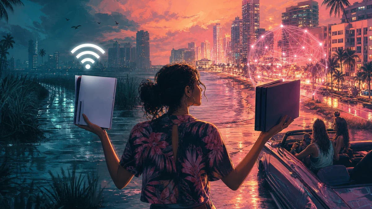 Original editorial illustration for Does GTA VI Need the Internet to Play? The PS5 Offline Label Is Clearer Than Xbox’s Store Listing