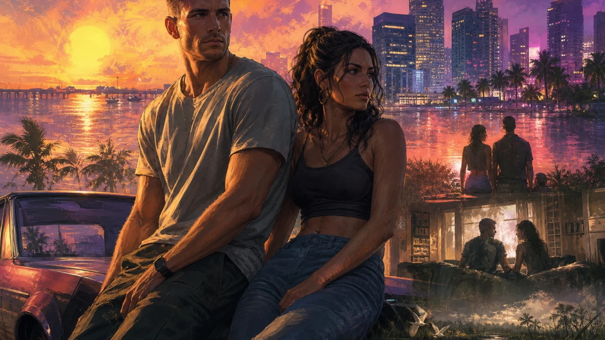 Original editorial illustration for Jason and Lucia in GTA VI: What Rockstar Has Confirmed About Their Partnership