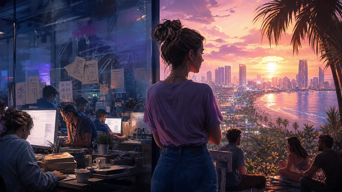 Original editorial illustration for Did Rockstar Avoid Crunch on GTA VI? What the Studio’s Latest Comments Confirm—and What They Don’t