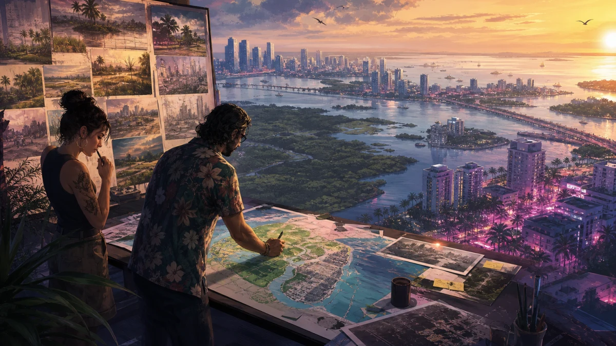Original editorial illustration for GTA VI’s “Project Americas” Plan: What Survived Into Leonida—and What Didn’t