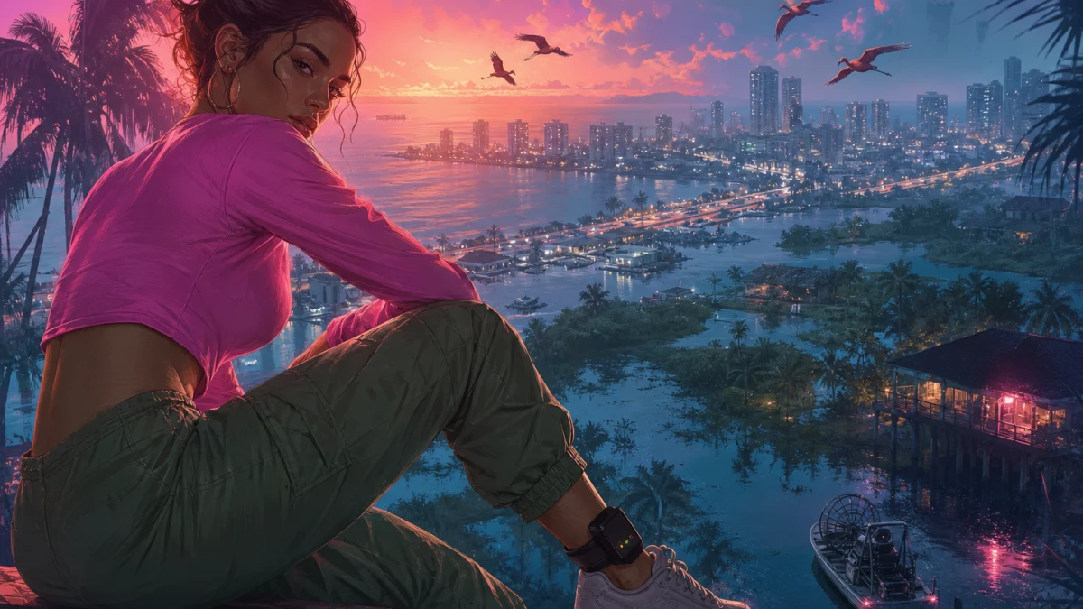 Original editorial illustration for Does GTA VI’s Lucia Ankle Monitor Lock the Map? What Rockstar’s Launch Trailer Actually Confirms