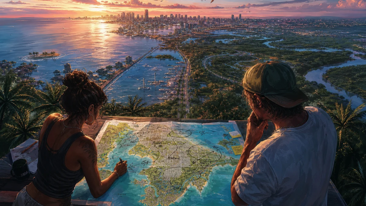 Original editorial illustration for What GTA VI’s Official Leonida Map Poster Actually Confirms — and What It Doesn’t