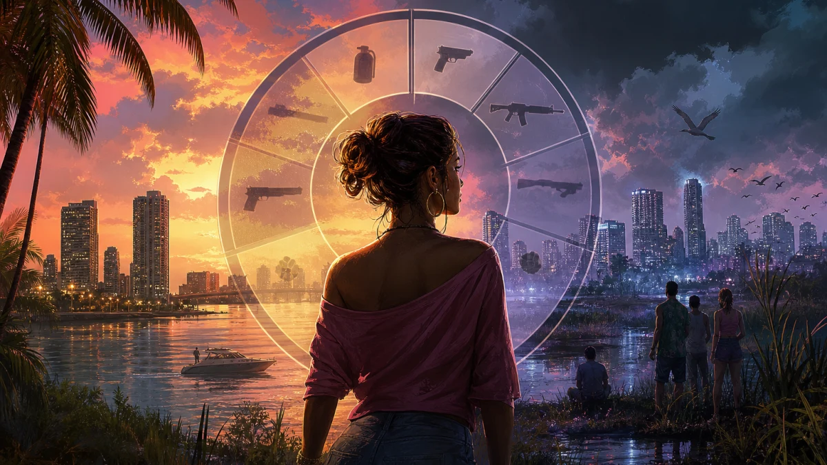 Original editorial illustration for Why GTA VI Still Uses a Weapon Wheel After Rockstar Tried to Replace It