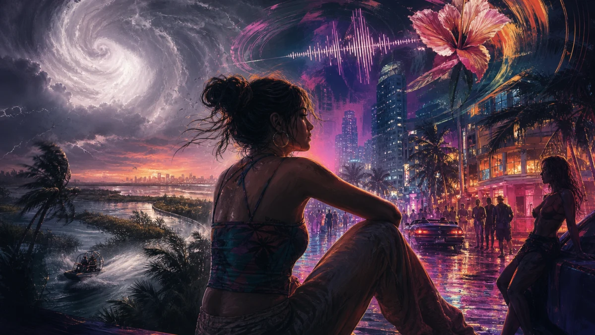 Original editorial illustration for Is “Flower in a Hurricane” a GTA VI Radio Song or Part of the Score? Rockstar’s Labels Matter