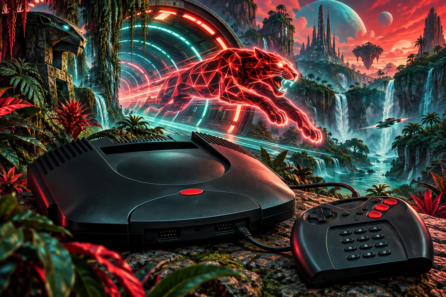Atari Jaguar hardware and imaginative gaming worlds - original editorial illustration