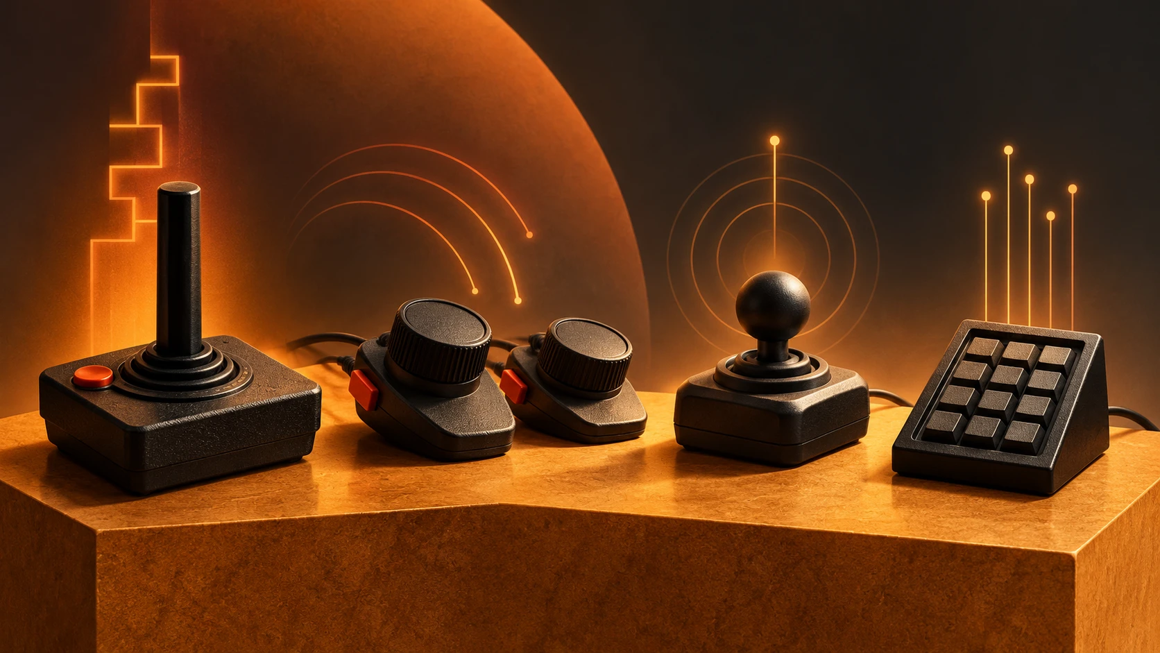 Original conceptual illustration of fictional gaming hardware forms; not official product photography