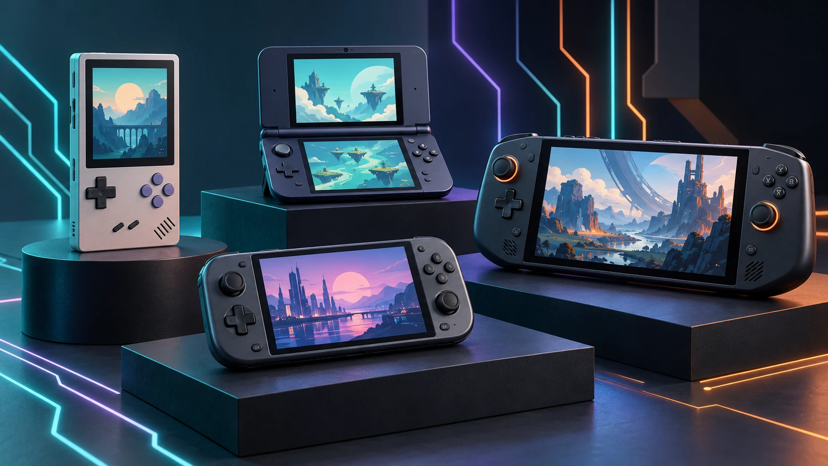 Original conceptual illustration of fictional gaming hardware forms; not official product photography