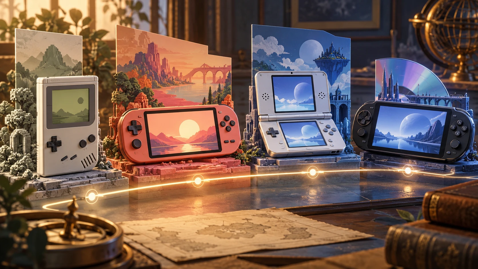 Original conceptual illustration of fictional gaming hardware forms; not official product photography