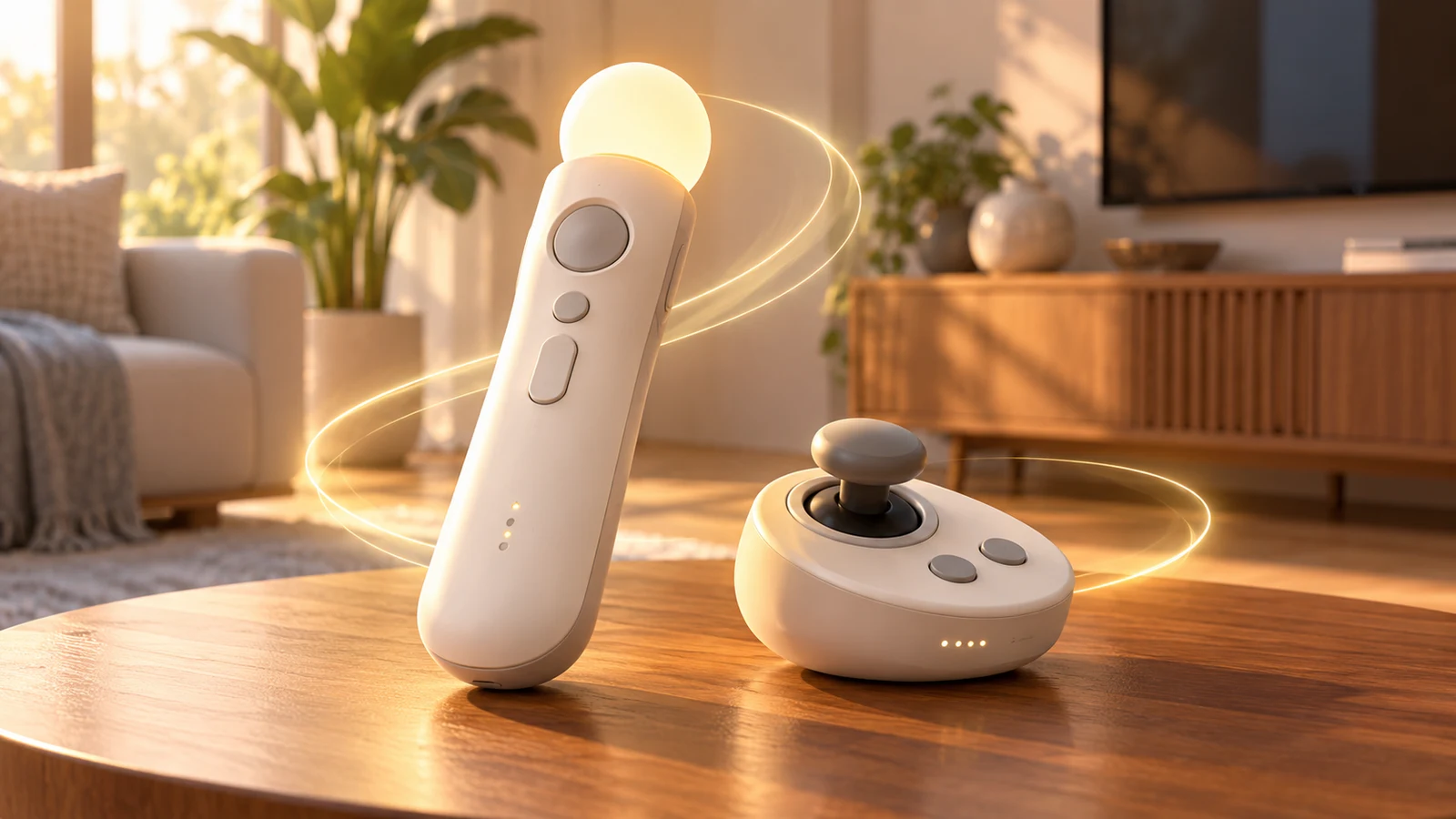 Conceptual editorial illustration of game controllers and motion trails