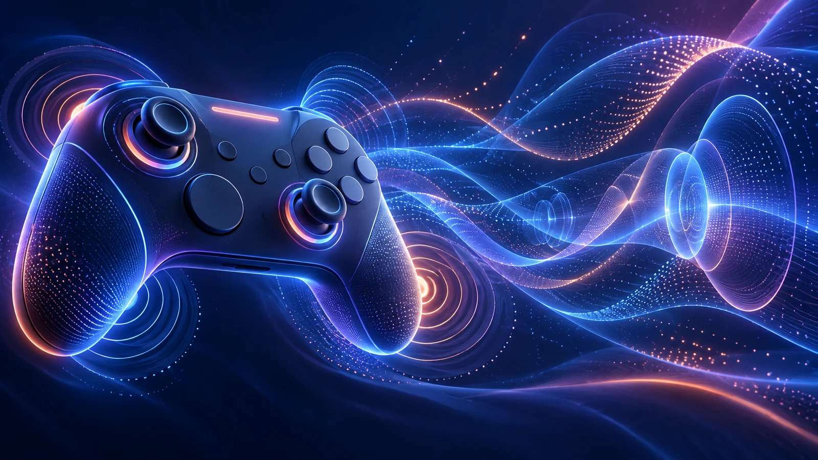 Original conceptual illustration of a fictional controller surrounded by abstract tactile feedback waves