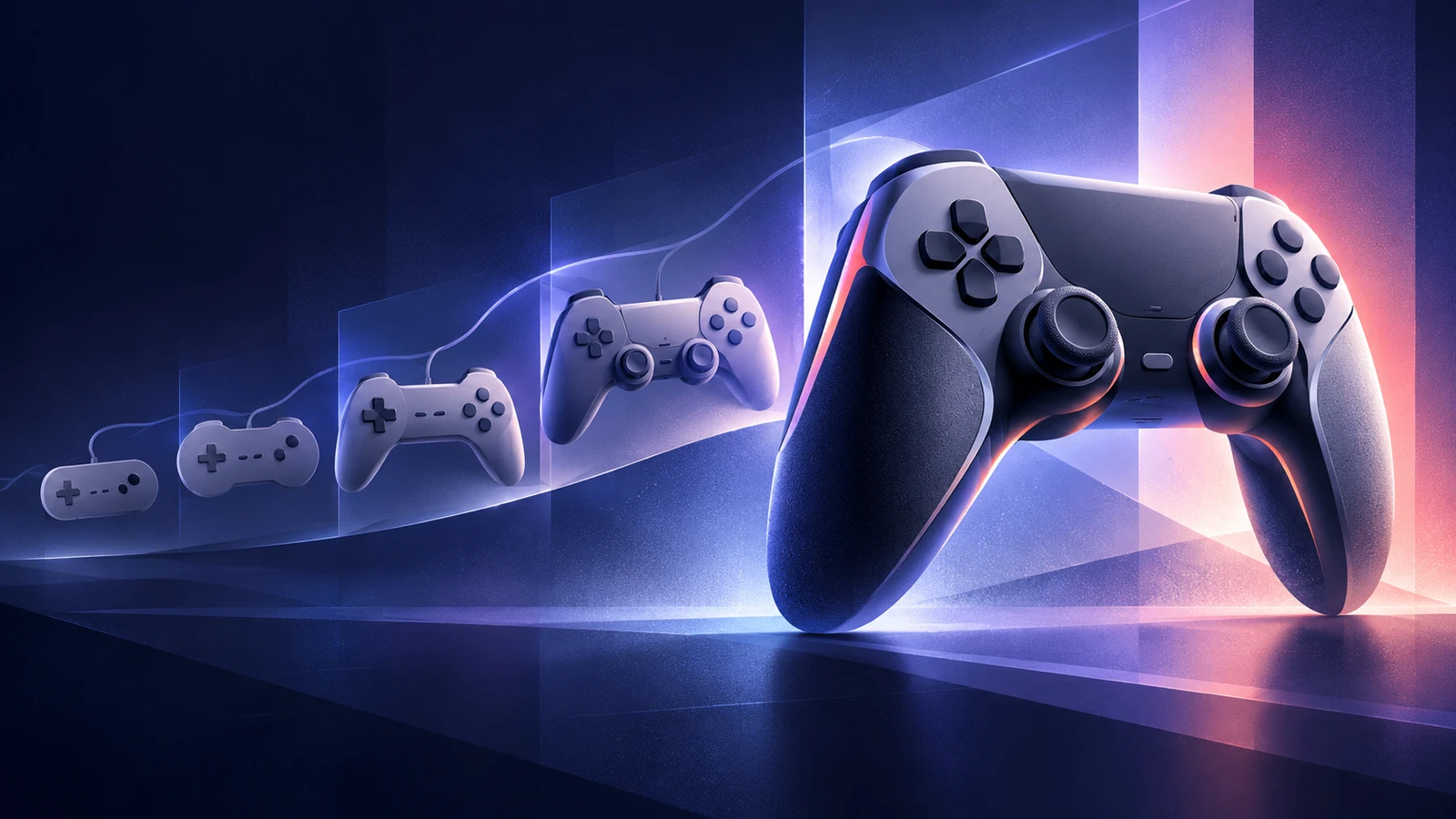 Original conceptual illustration of fictional controller forms evolving through time; not official PlayStation hardware