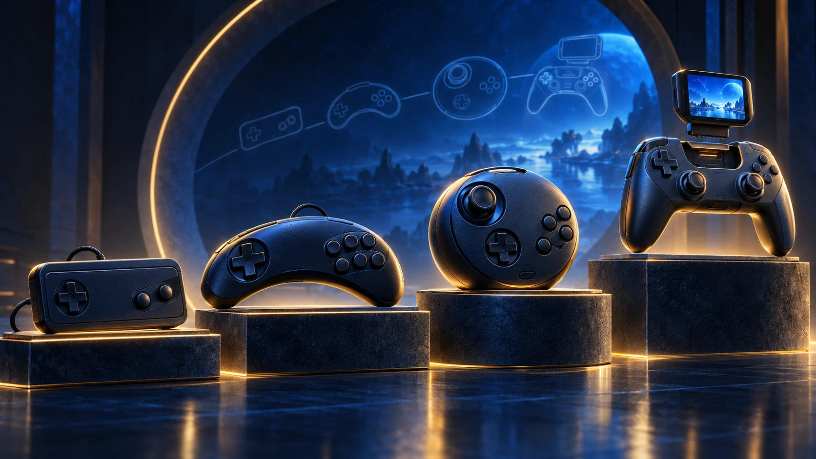 Original conceptual illustration of fictional gaming hardware forms; not official product photography