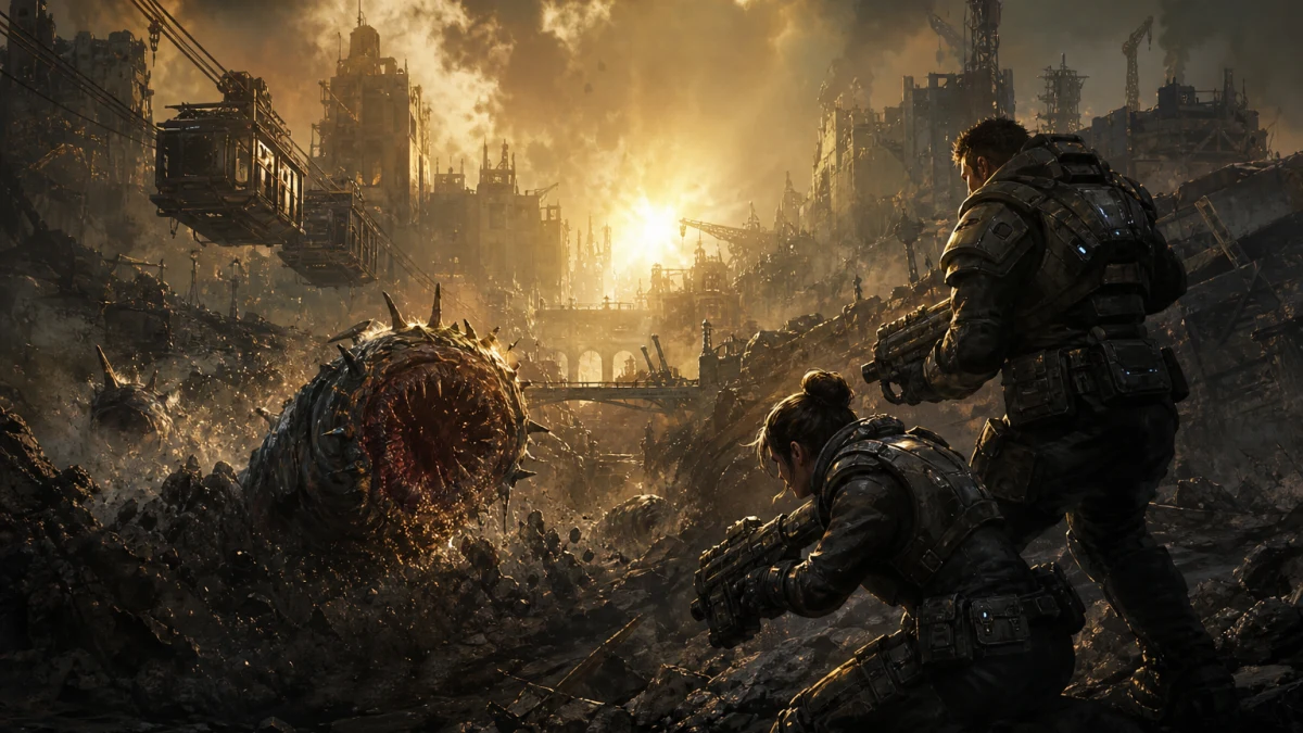 Original editorial illustration for Gears of War: E-Day Beginner’s Guide: Campaign Systems, Survival and Smart First Steps