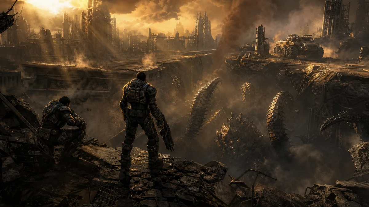 Original editorial illustration for Gears of War: E-Day Completion Roadmap: Collectibles, Optional Objectives and Post-Campaign Goals