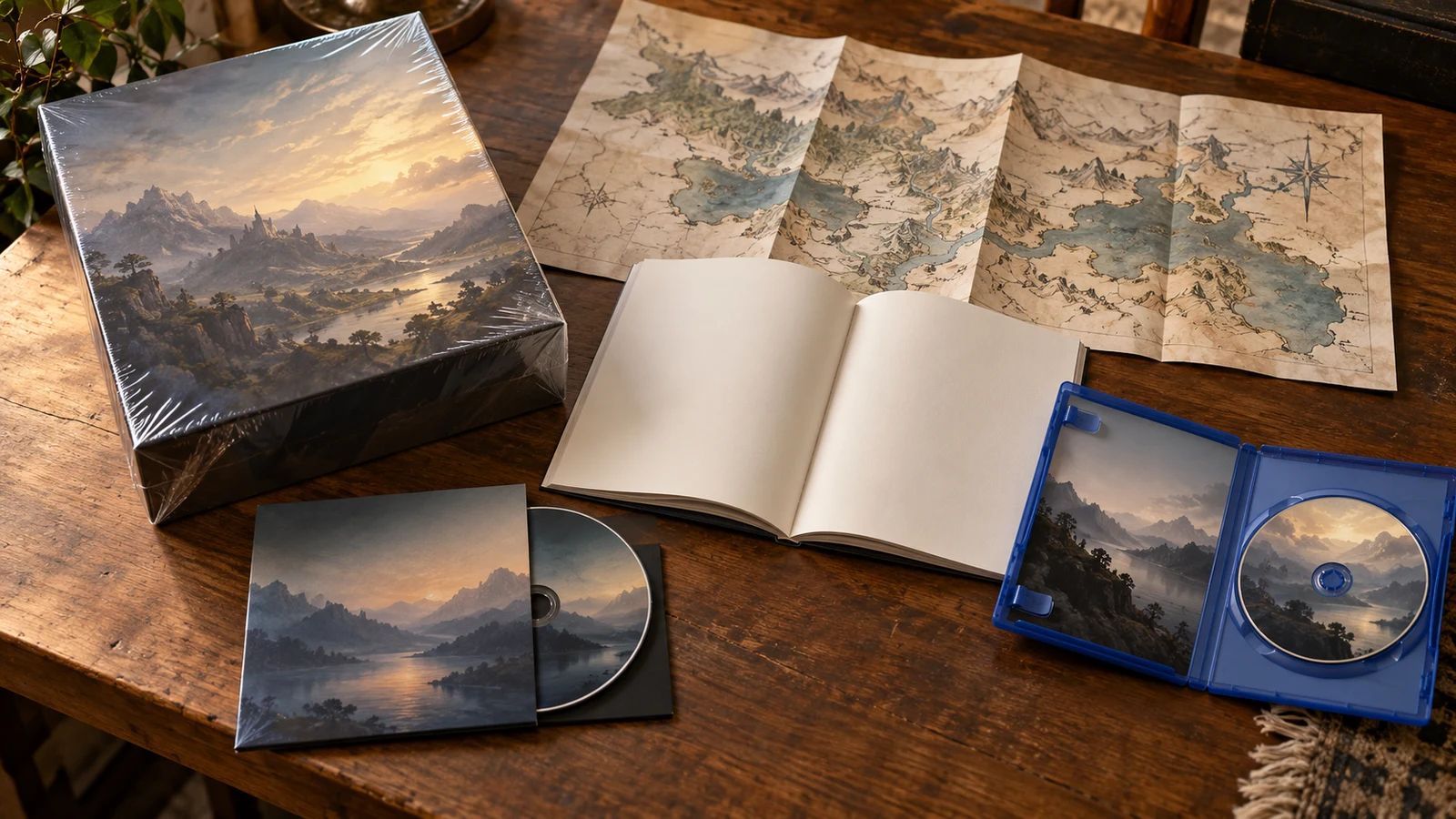 Conceptual illustration of a boxed game, map, booklet and disc laid out for collection