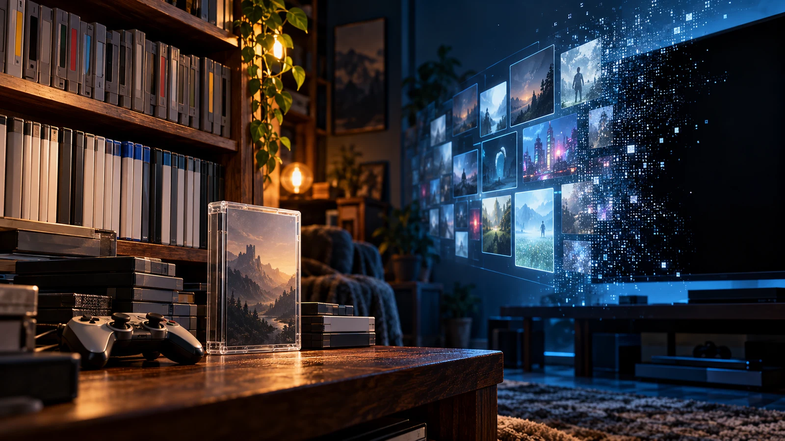 Original conceptual illustration of a physical game collection beside a dissolving digital library