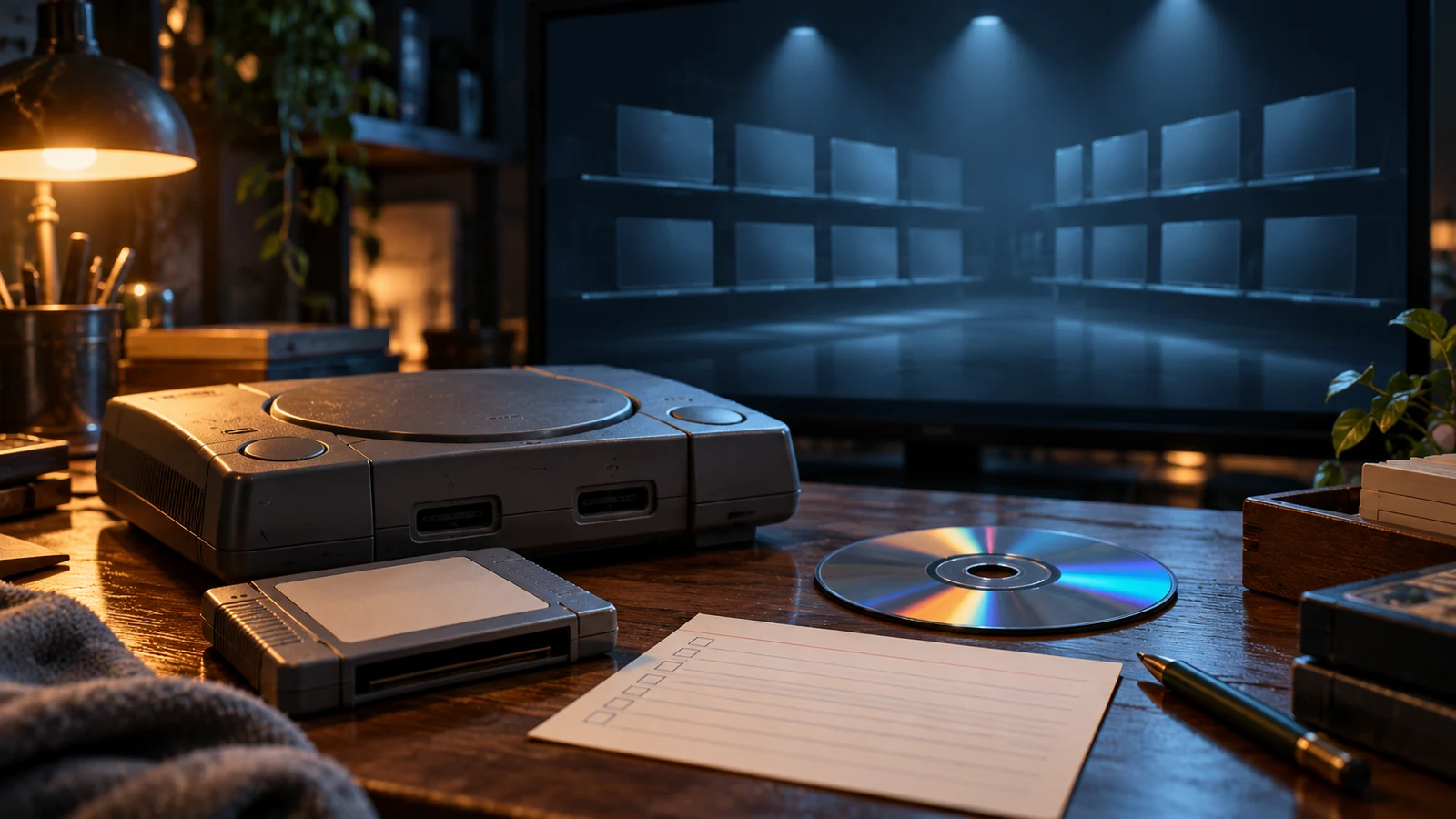 Conceptual illustration of an old console, cartridge and disc before an empty digital storefront