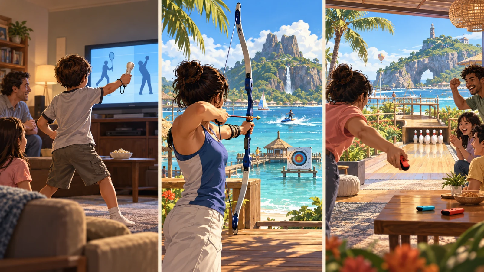 Conceptual illustration comparing three eras of family motion sports, from a living room to island archery and bowling