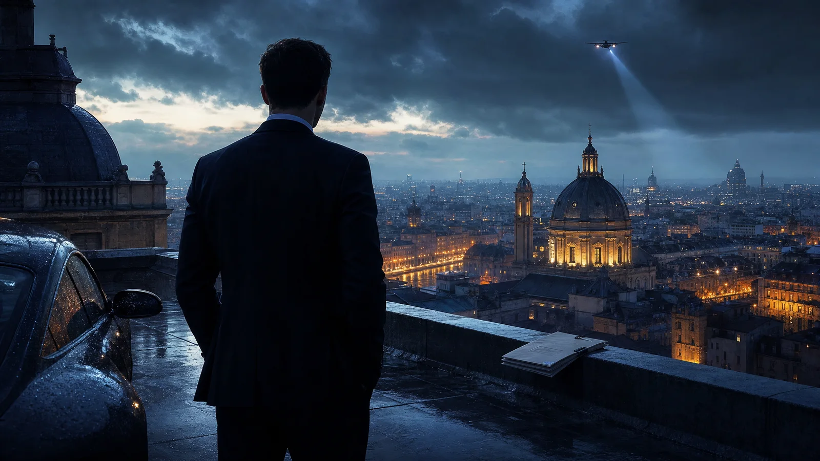 Original conceptual illustration of an anonymous spy overlooking a city at dusk; not official 007 First Light game art