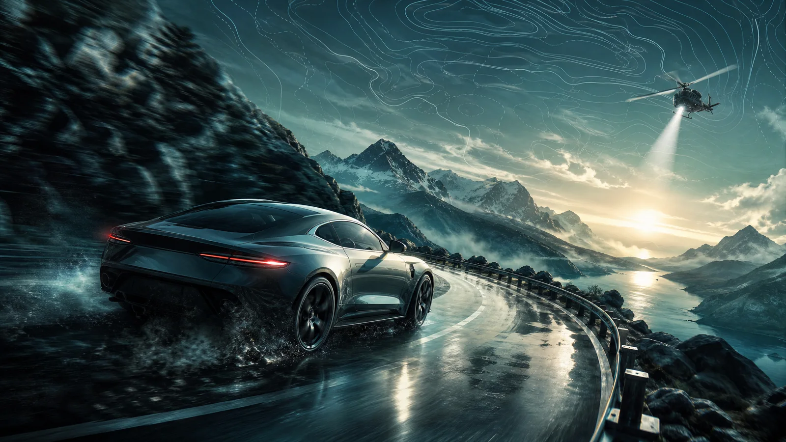Conceptual illustration of a sports car and helicopter on a mountain road