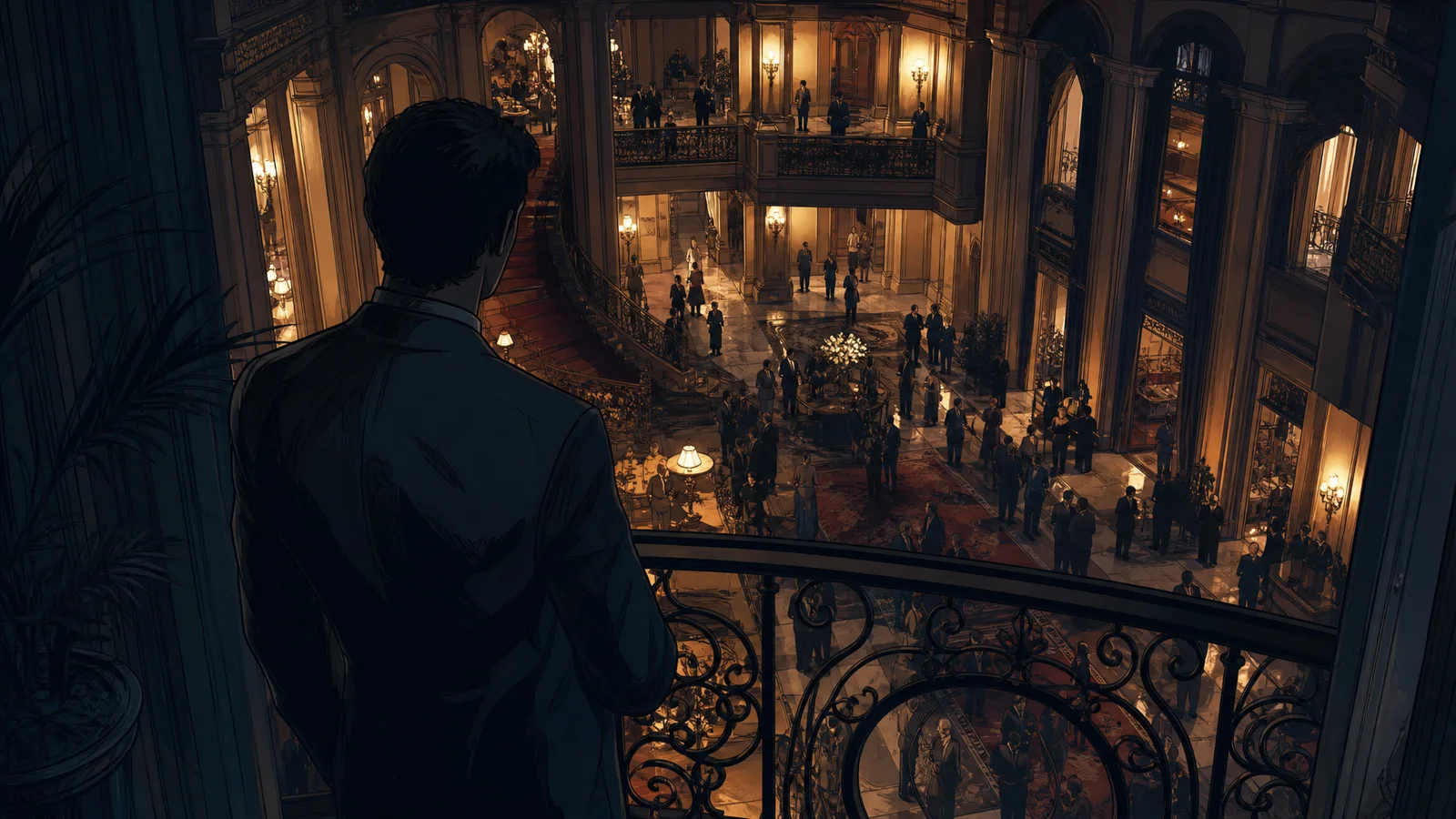 Conceptual spy illustration of an agent observing a gathering from an upper balcony