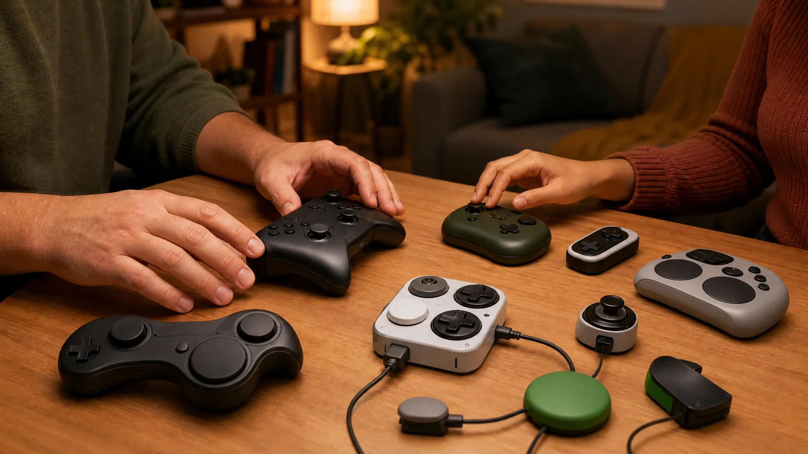 Players comparing controller sizes and modular accessible controls at a gaming table