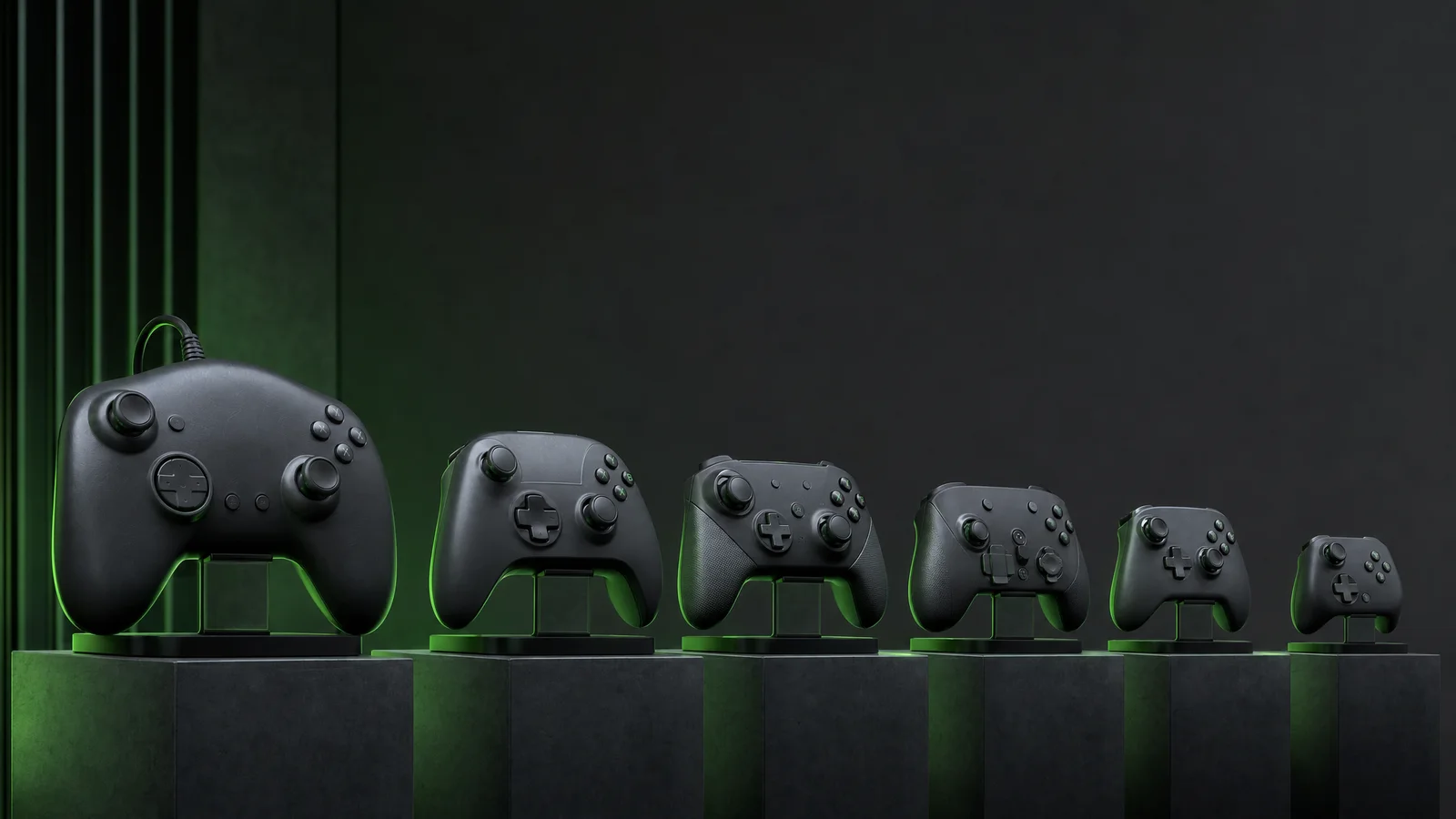Original conceptual illustration showing generations of generic gamepads from large wired design to compact modern pad