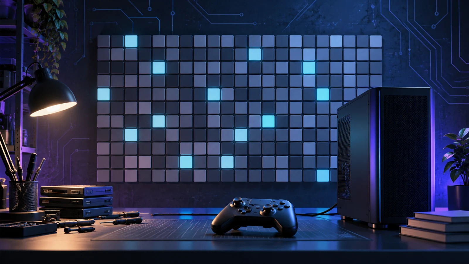 Editorial illustration of a compatibility testing laboratory with abstract charts, host computers, and console software symbols, without depicting real game footage or test results