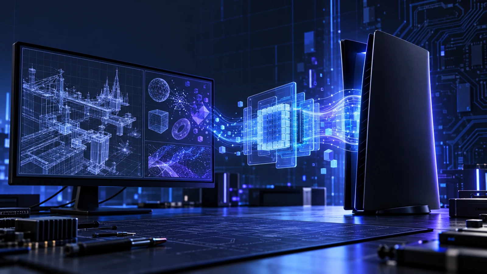 Original editorial illustration of a generic console-like device, desktop monitor, and an abstract translation layer; not a game screenshot or product image.