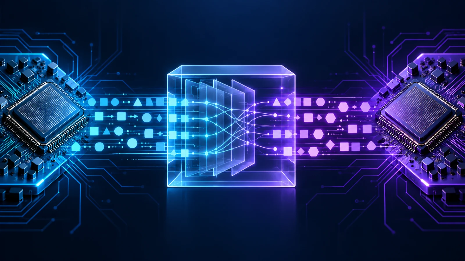 Editorial illustration of a translation layer connecting a stylized console software environment with a desktop computer, without depicting a real emulator interface