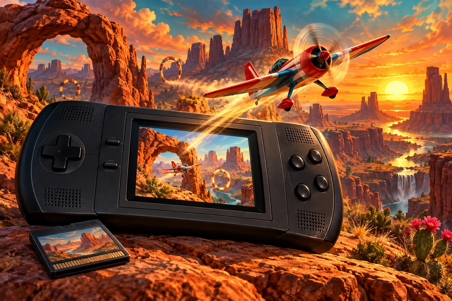 Atari Lynx hardware and imaginative gaming worlds - original editorial illustration