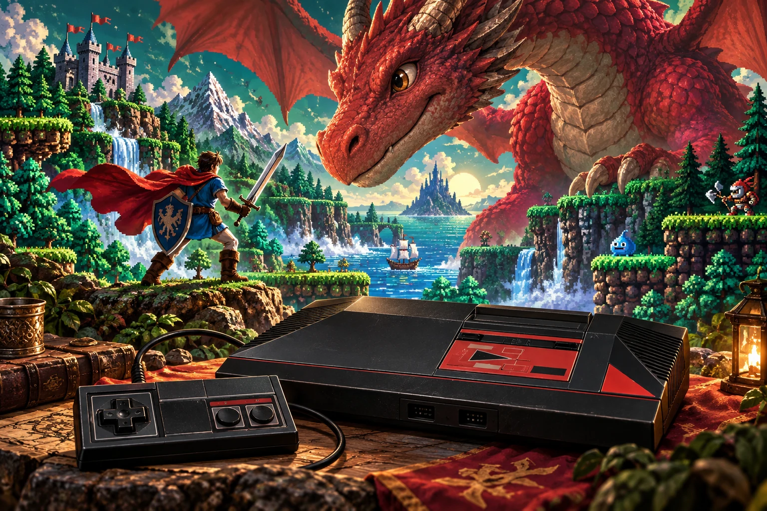 Sega Master System hardware and imaginative gaming worlds - original editorial illustration
