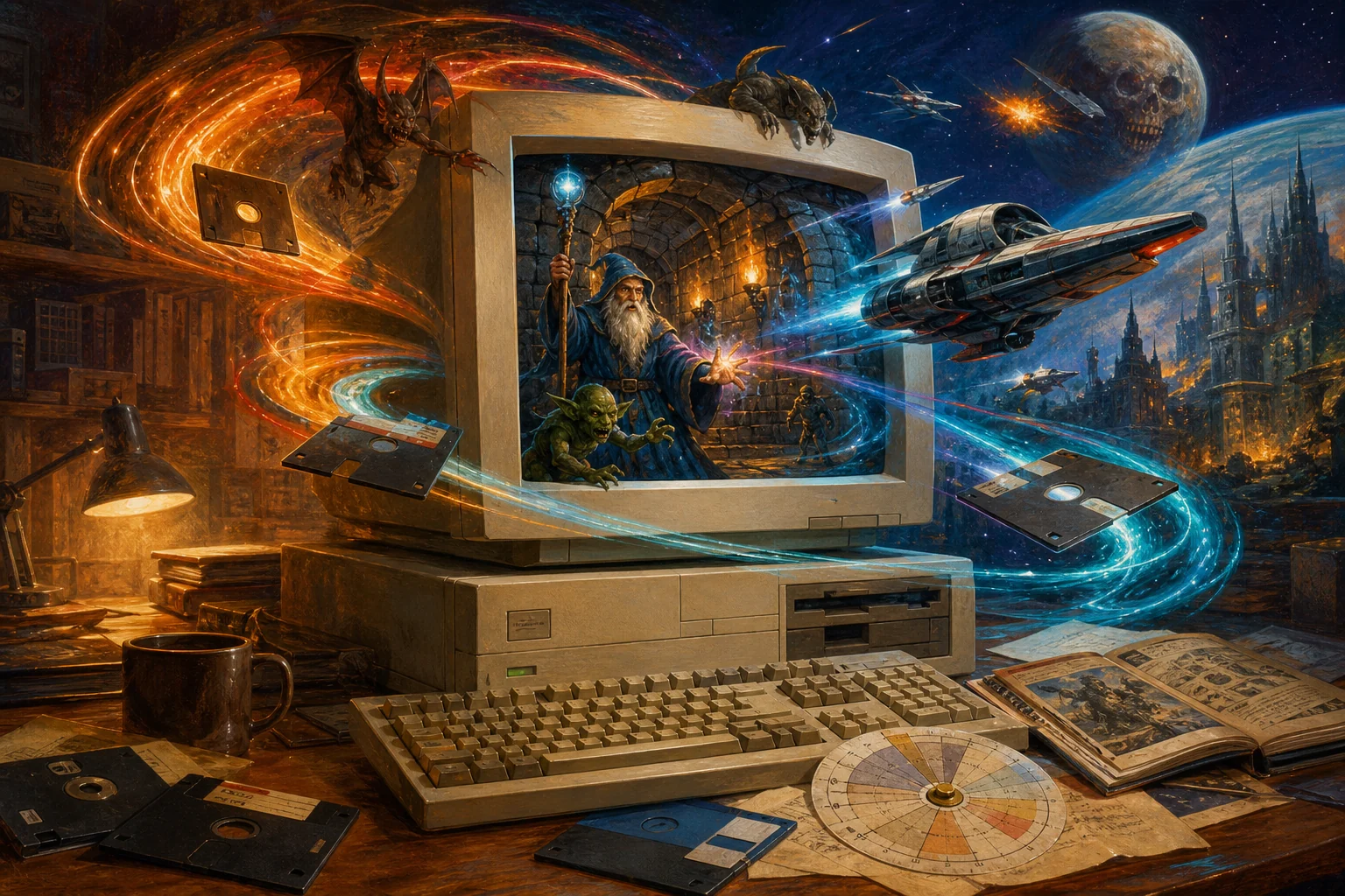 MS-DOS hardware and imaginative gaming worlds - original editorial illustration