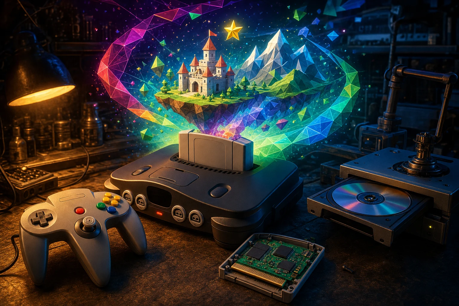 N64 console surrounded by colorful gaming worlds - original editorial illustration