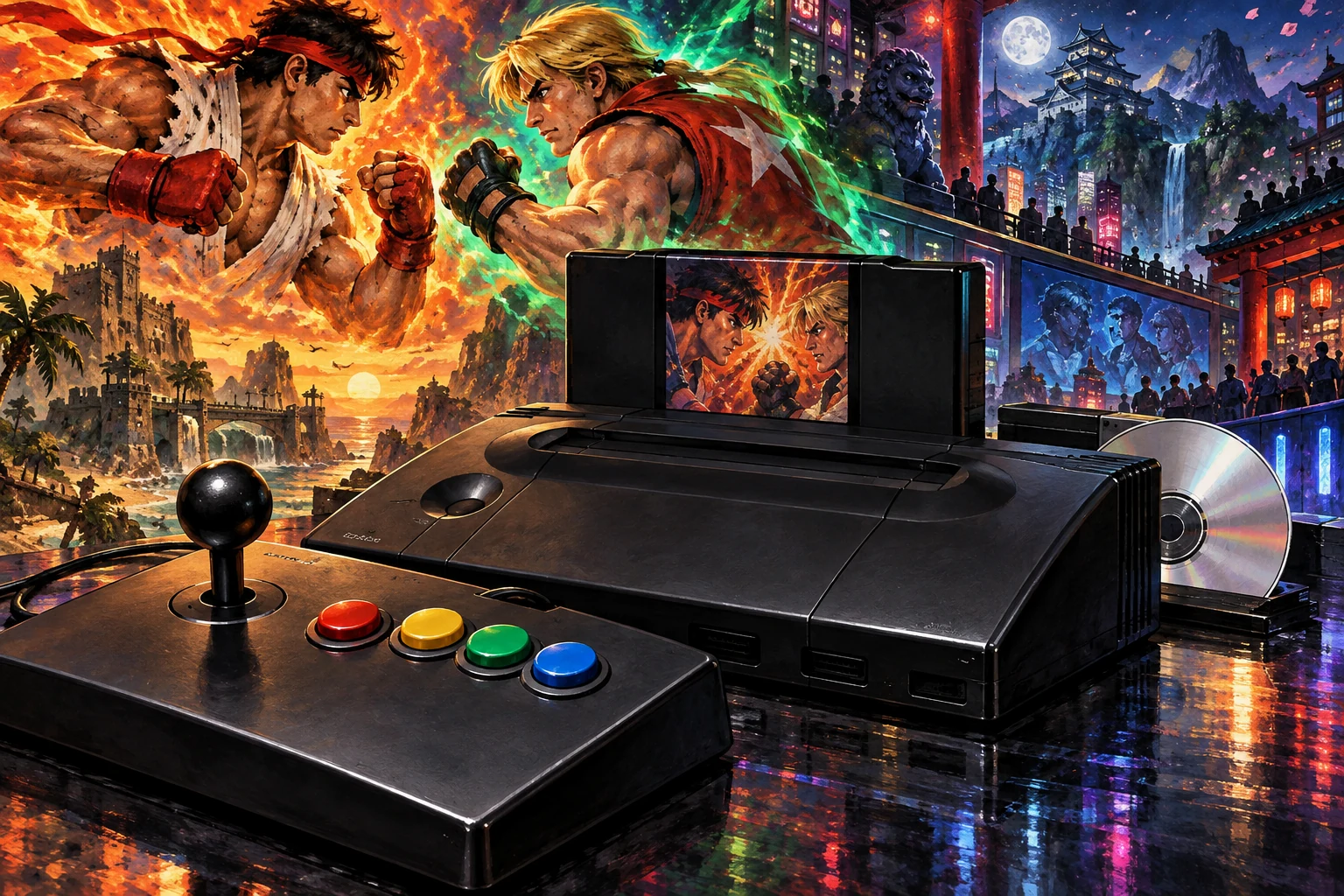 Neo Geo AES, MVS and CD hardware and imaginative gaming worlds - original editorial illustration