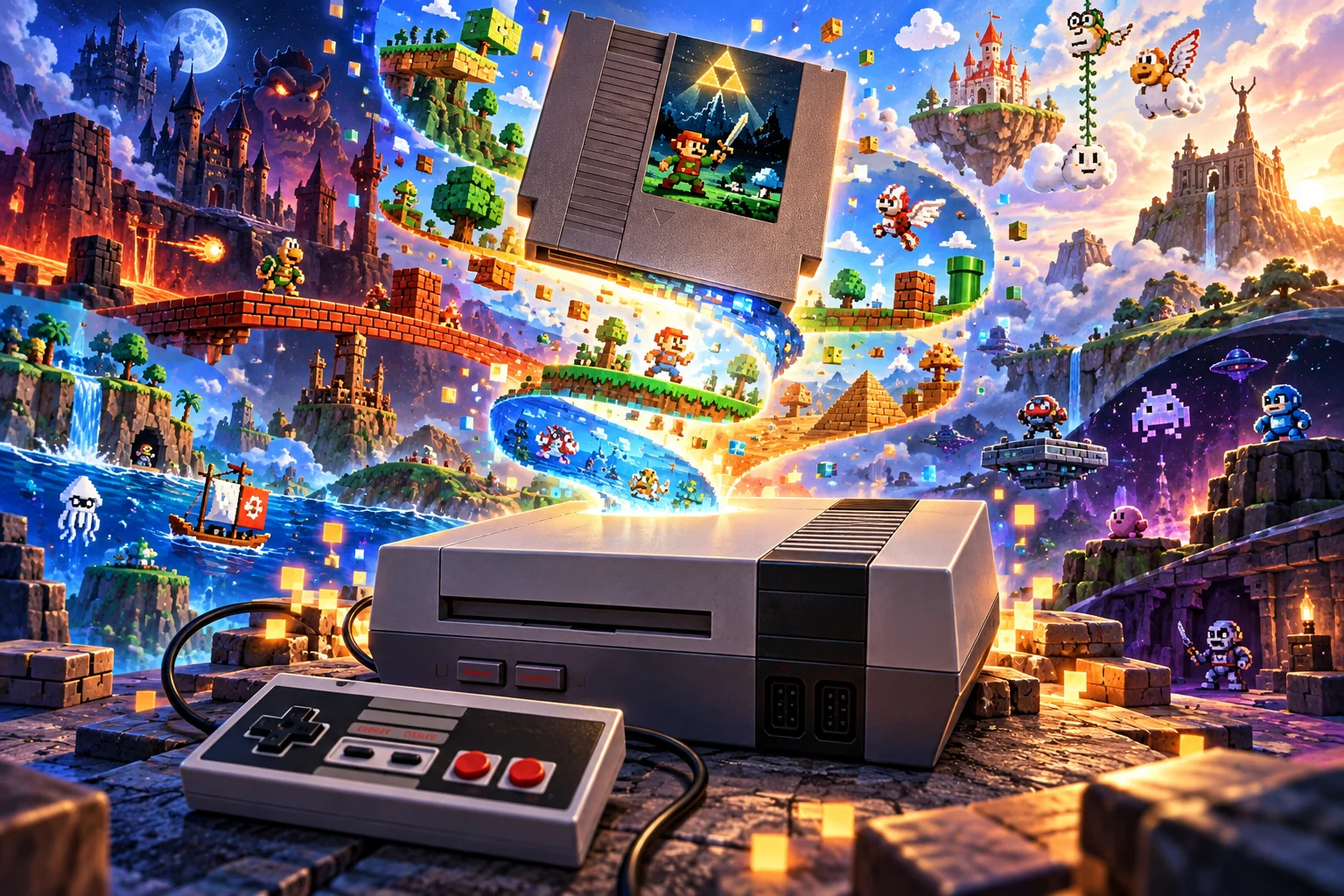 NES console surrounded by colorful gaming worlds - original editorial illustration