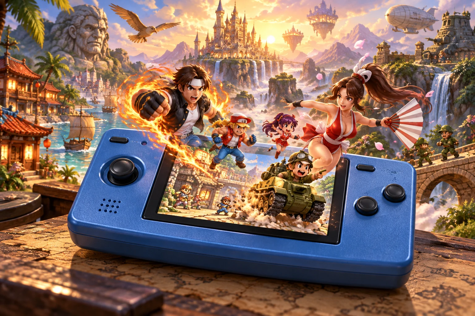 Neo Geo Pocket / Pocket Color hardware and imaginative gaming worlds - original editorial illustration