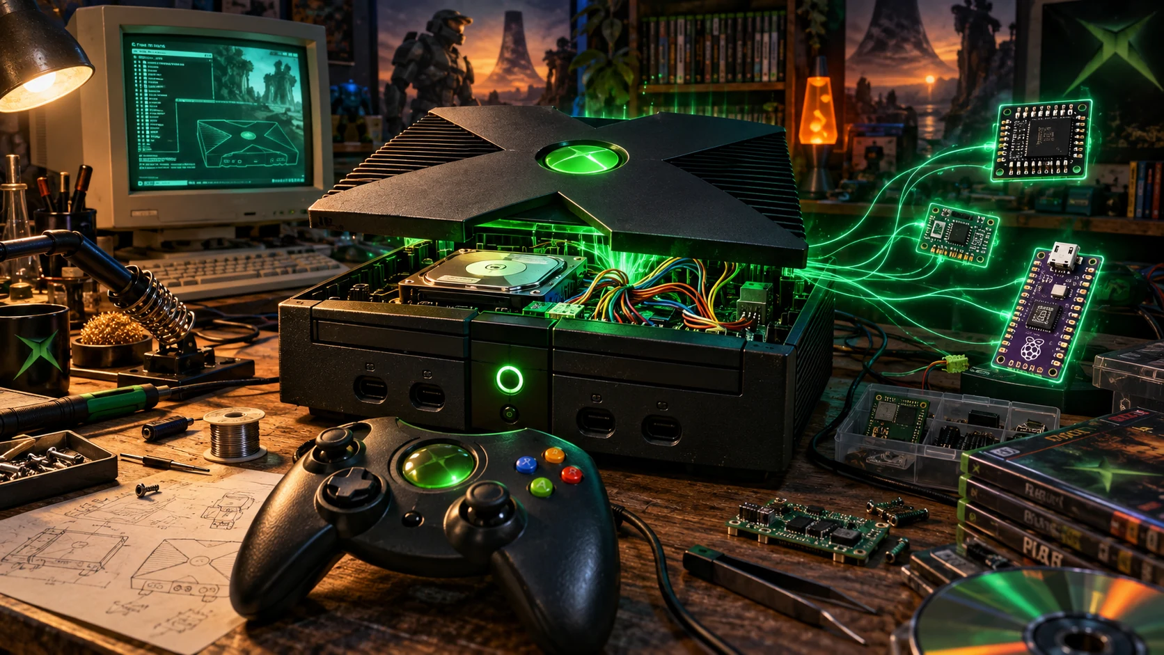 An original Xbox and Duke controller on a workshop bench, surrounded by glowing wires and modchip illustrations — original editorial artwork