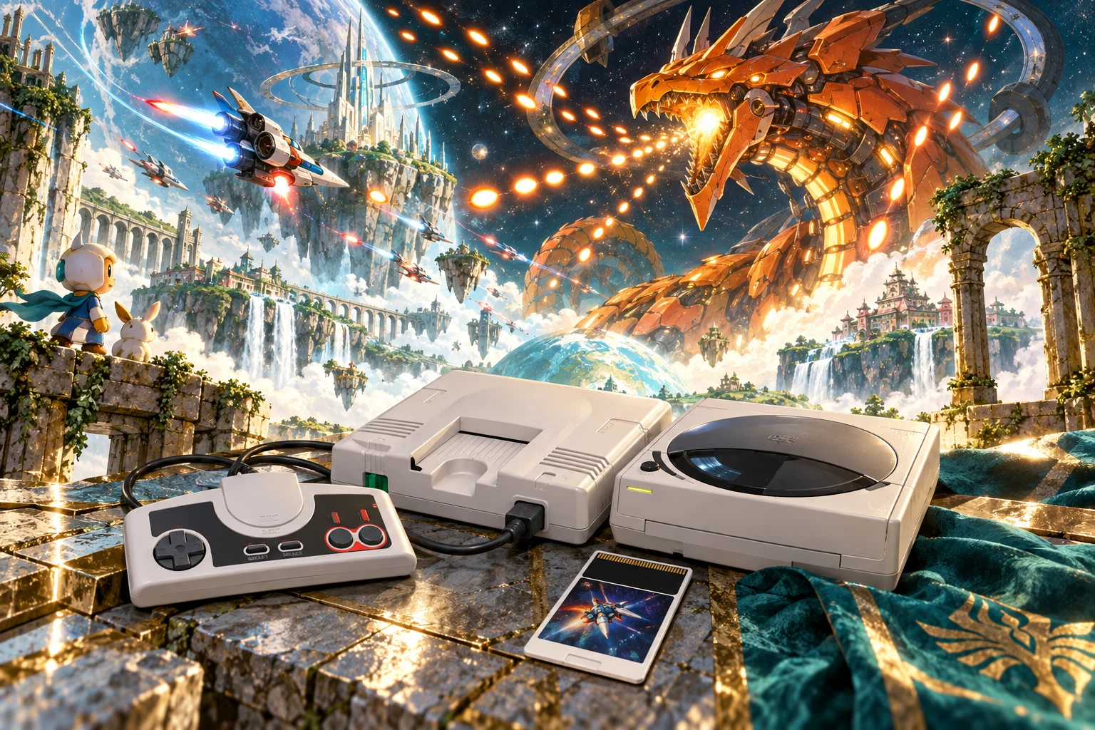 TurboGrafx-16 / PC Engine hardware and imaginative gaming worlds - original editorial illustration