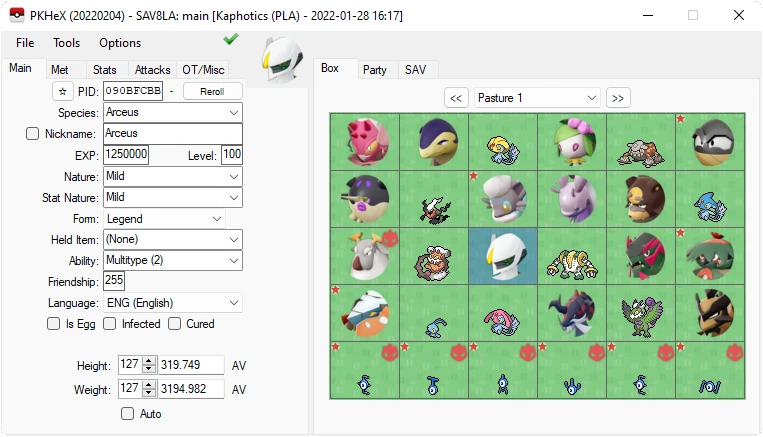 PKHeX 2022 interface showing an Arceus save and Pokémon storage boxes
