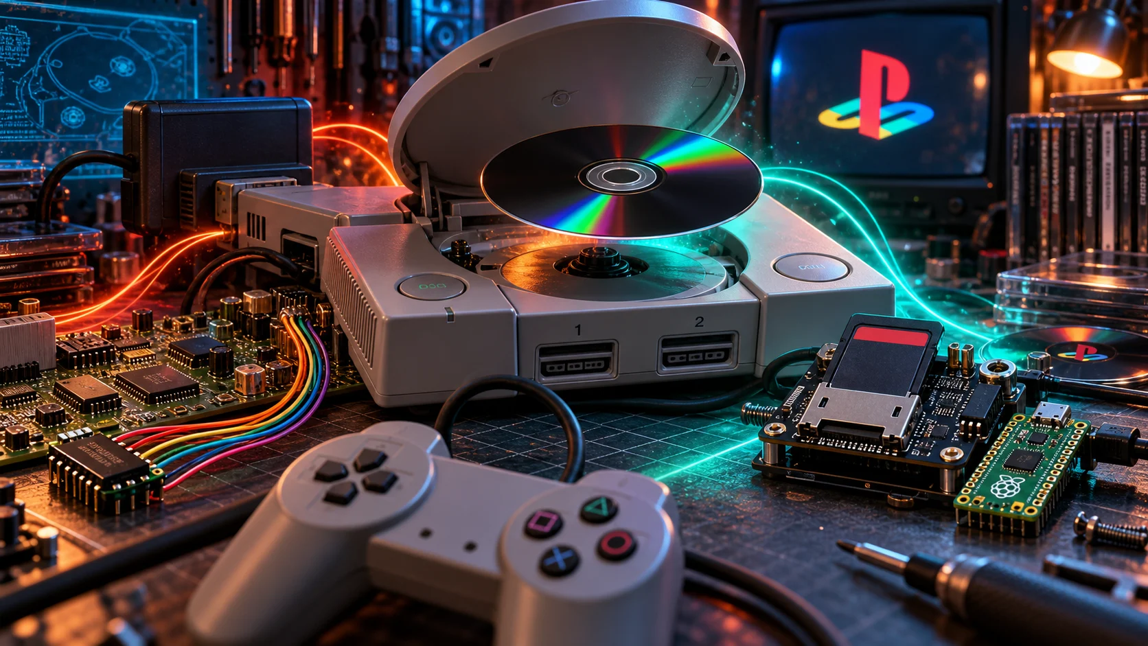 An original PlayStation, controller, rear-port cartridge, wired chip and SD optical-drive hardware on a colorful workbench — original editorial illustration